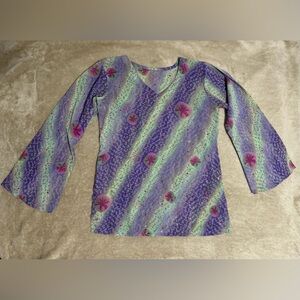 Purple and Green Women's Sheer Top Multi Color Blouse Bell Sleeves